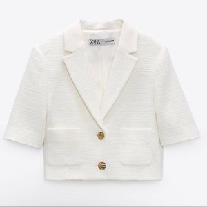 ZARA * Textured Tweed crop blazer cotton summer white gold buttons